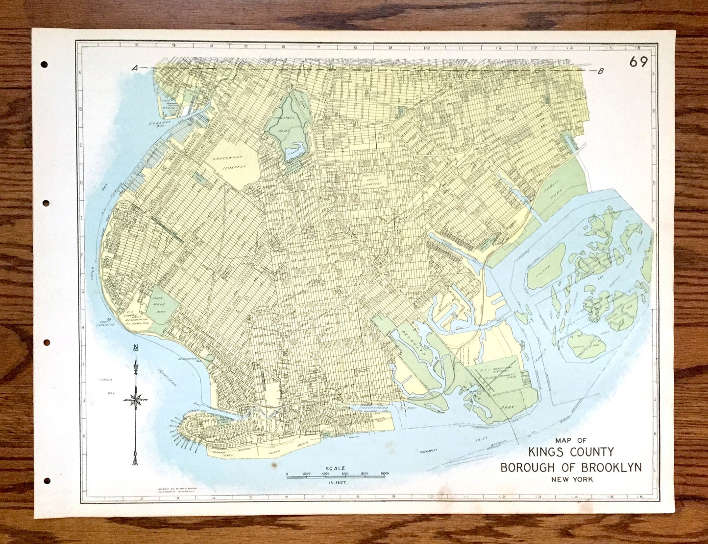 Antique Brooklyn Borough, New York 1941 Historical Atlas Map – Williamsburg, Greenpoint, Park Slope, Red Hook, Bushwick, Kings County NY NYC