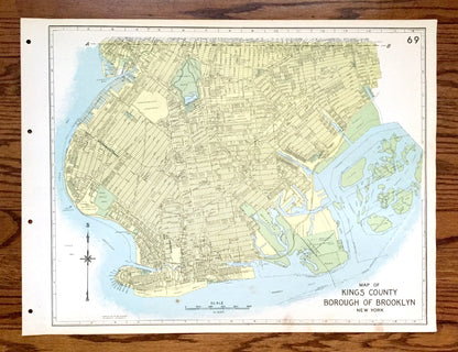Antique Brooklyn Borough, New York 1941 Historical Atlas Map – Williamsburg, Greenpoint, Park Slope, Red Hook, Bushwick, Kings County NY NYC