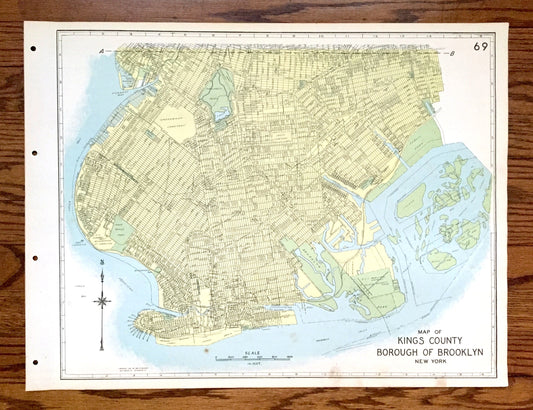Antique Brooklyn Borough, New York 1941 Historical Atlas Map – Williamsburg, Greenpoint, Park Slope, Red Hook, Bushwick, Kings County NY NYC