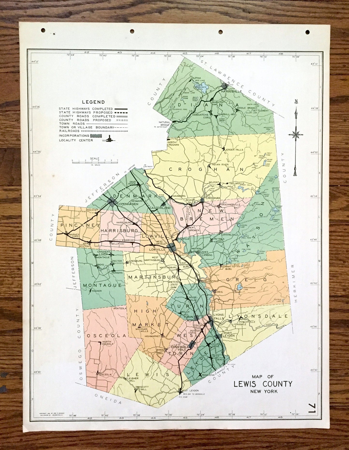 Antique Lewis County, New York 1941 Historical Atlas Map – Lowville, Port Leyden, Lyons Falls, Copenhagen, Harrisville, Croghan, Diana, NY