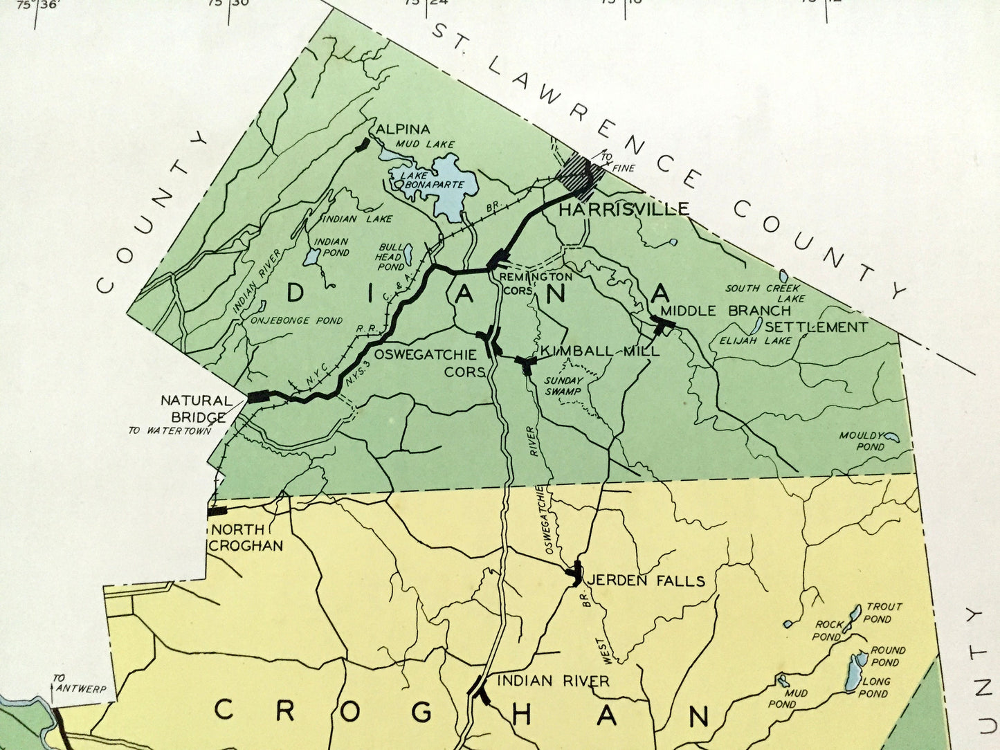 Antique Lewis County, New York 1941 Historical Atlas Map – Lowville, Port Leyden, Lyons Falls, Copenhagen, Harrisville, Croghan, Diana, NY