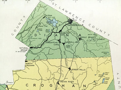 Antique Lewis County, New York 1941 Historical Atlas Map – Lowville, Port Leyden, Lyons Falls, Copenhagen, Harrisville, Croghan, Diana, NY