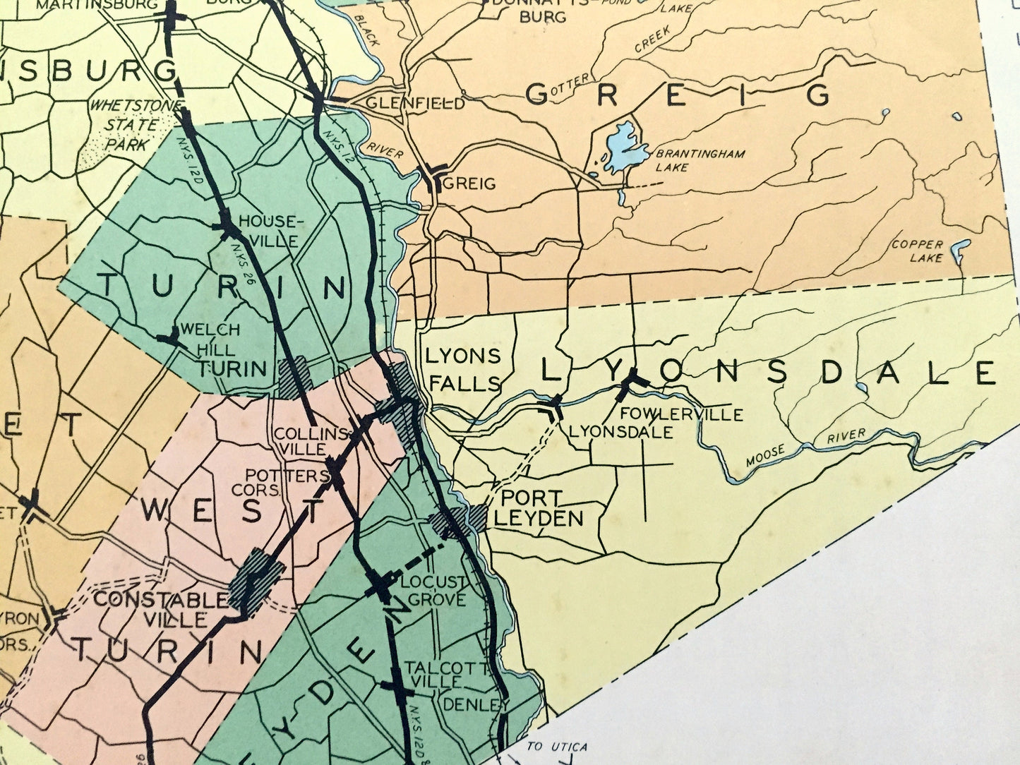Antique Lewis County, New York 1941 Historical Atlas Map – Lowville, Port Leyden, Lyons Falls, Copenhagen, Harrisville, Croghan, Diana, NY