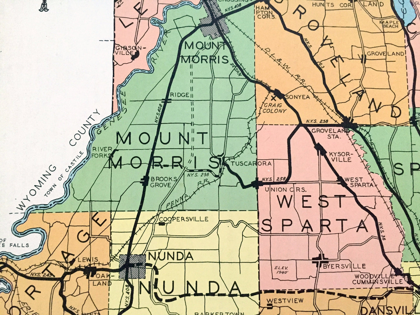 Antique Livingston County, New York 1941 Historical Atlas Map – Geneseo, Caledonia, Avon, Mount Morris, Nunda, Dansville, Conesus Hemlock NY