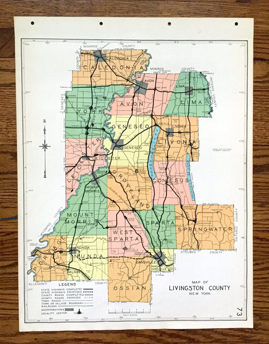 Antique Livingston County, New York 1941 Historical Atlas Map – Geneseo, Caledonia, Avon, Mount Morris, Nunda, Dansville, Conesus Hemlock NY