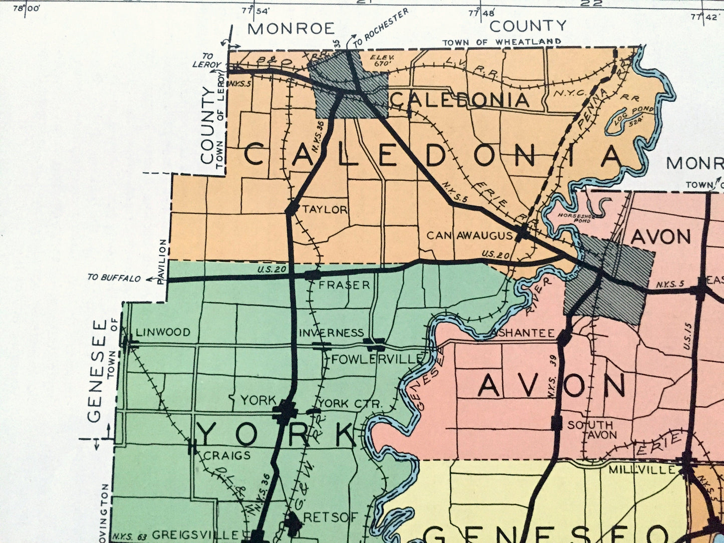 Antique Livingston County, New York 1941 Historical Atlas Map – Geneseo, Caledonia, Avon, Mount Morris, Nunda, Dansville, Conesus Hemlock NY