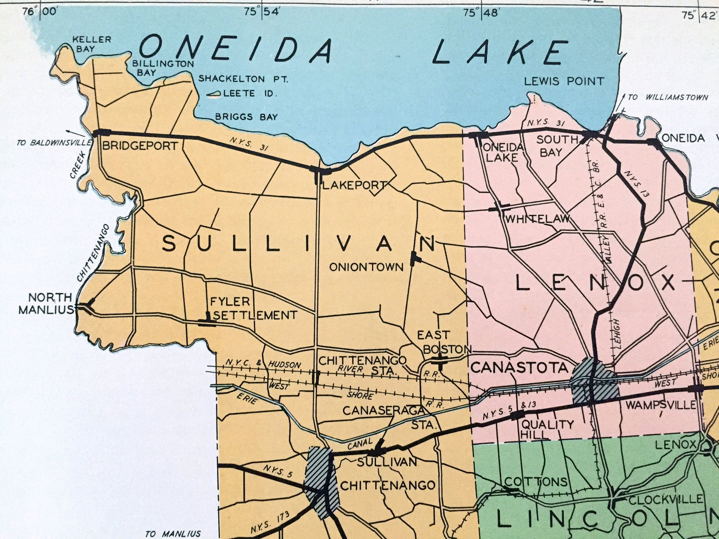 Antique Madison County, New York 1941 Historical Atlas Map – Oneida, Bridgeport, Cazenova, Chittenango, Canastota, Hamilton, Brookfield, NY