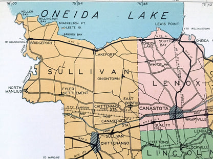 Antique Madison County, New York 1941 Historical Atlas Map – Oneida, Bridgeport, Cazenova, Chittenango, Canastota, Hamilton, Brookfield, NY