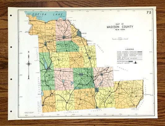 Antique Madison County, New York 1941 Historical Atlas Map – Oneida, Bridgeport, Cazenova, Chittenango, Canastota, Hamilton, Brookfield, NY
