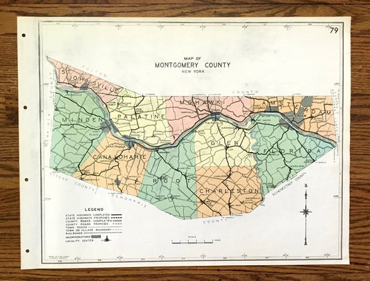 Antique Montgomery County, New York 1941 Historical Atlas Map – Fonda, St. Johnsville, Amsterdam, Canajoharie, Charleston, Four Corners, NY