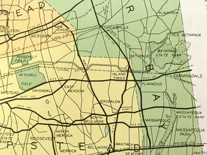 Antique Nassau County, New York 1941 Historical Atlas Map – Oyster Bay, Hempstead, Mineola, Freeport, Farmingdale, Long Beach, Rockaway, NY