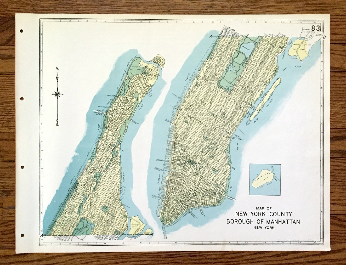 Antique Manhattan Borough, New York 1941 Historical Atlas Map – Upper West Side, Grammercy, East Village, SoHo, Harlem, Chinatown NY NYC