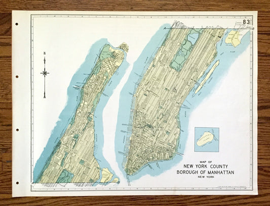 Antique Manhattan Borough, New York 1941 Historical Atlas Map – Upper West Side, Grammercy, East Village, SoHo, Harlem, Chinatown NY NYC