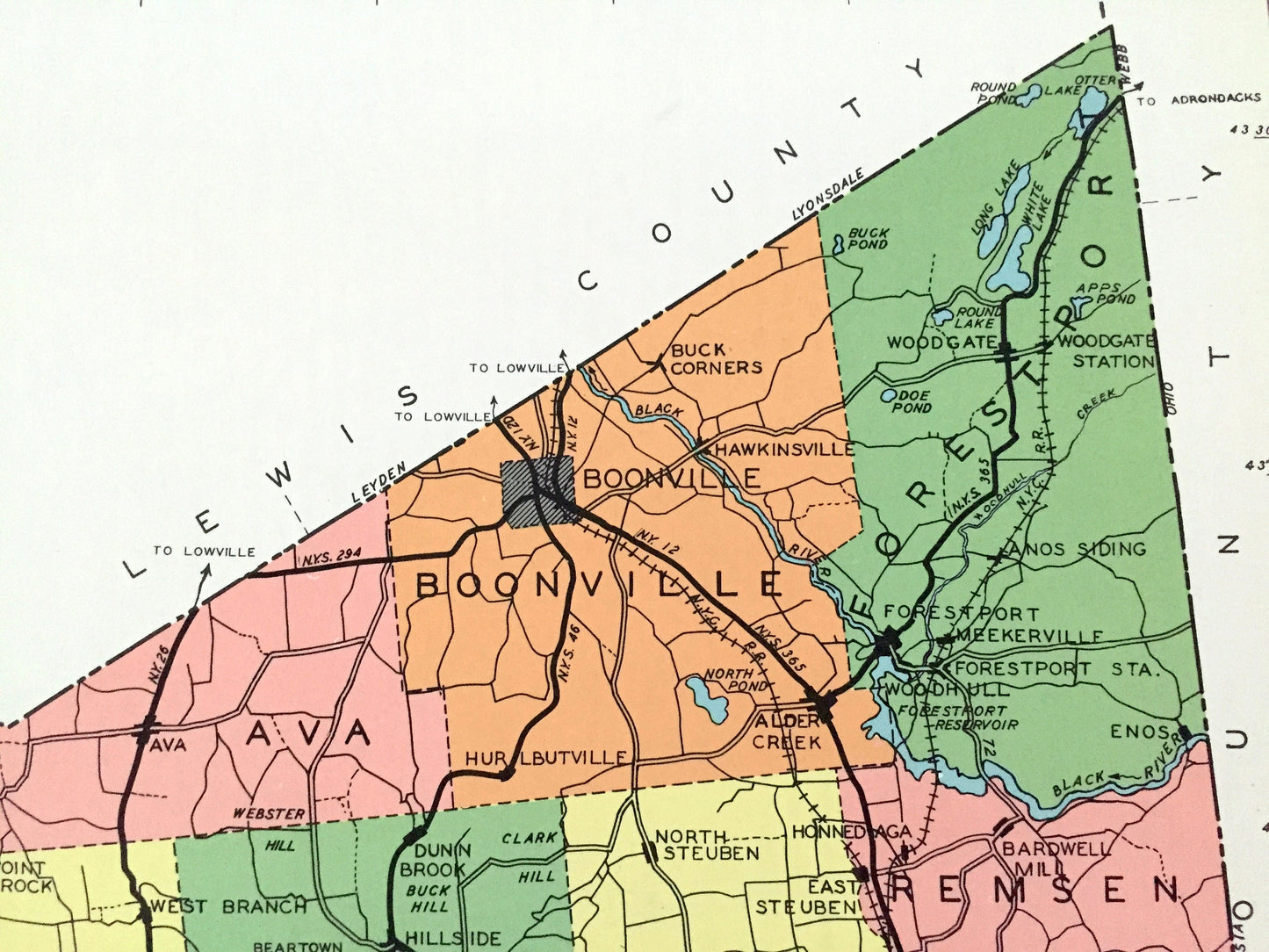 Antique Oneida County, New York 1941 Historical Atlas Map – Rome, Utica, Clinton, Camden, Boonville, Forestport, Oriskany Falls, Vienna, NY