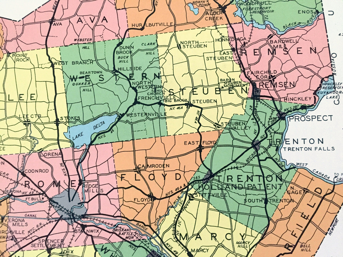 Antique Oneida County, New York 1941 Historical Atlas Map – Rome, Utica, Clinton, Camden, Boonville, Forestport, Oriskany Falls, Vienna, NY
