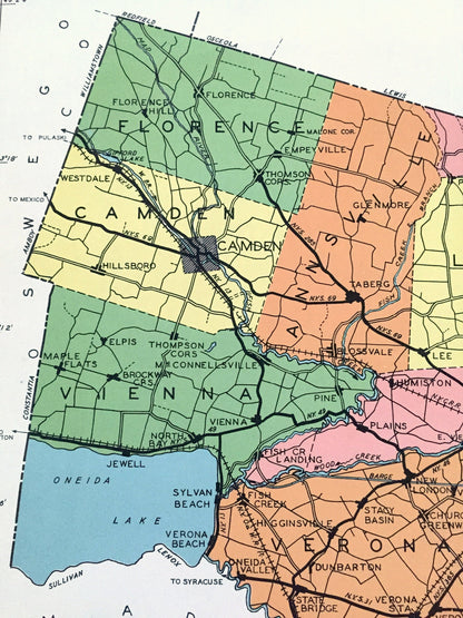 Antique Oneida County, New York 1941 Historical Atlas Map – Rome, Utica, Clinton, Camden, Boonville, Forestport, Oriskany Falls, Vienna, NY