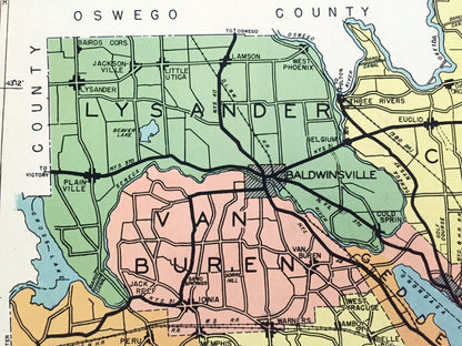 Antique Onondaga County, New York 1941 Historical Atlas Map – Syracuse, Oneida Lake, Manlius, Cicero, Skaneateles, Elbridge, Tully, Amber NY