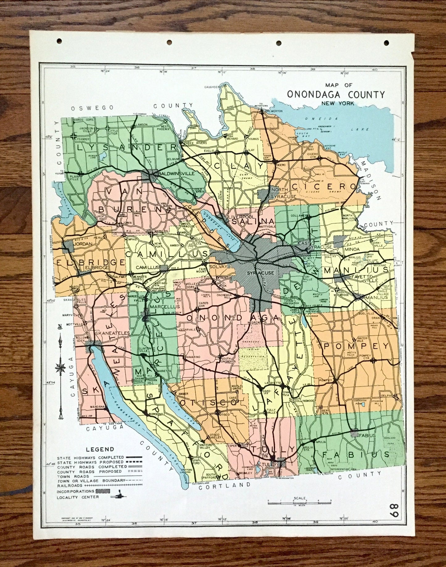 Antique Onondaga County, New York 1941 Historical Atlas Map – Syracuse, Oneida Lake, Manlius, Cicero, Skaneateles, Elbridge, Tully, Amber NY