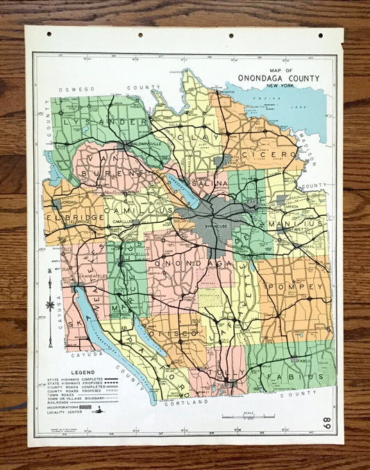 Antique Onondaga County, New York 1941 Historical Atlas Map – Syracuse, Oneida Lake, Manlius, Cicero, Skaneateles, Elbridge, Tully, Amber NY