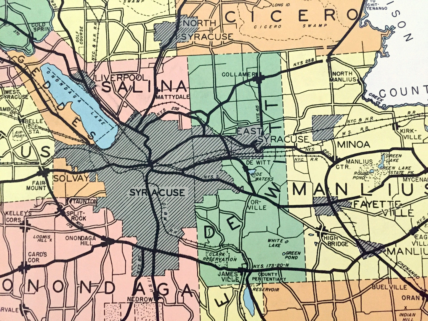 Antique Onondaga County, New York 1941 Historical Atlas Map – Syracuse, Oneida Lake, Manlius, Cicero, Skaneateles, Elbridge, Tully, Amber NY