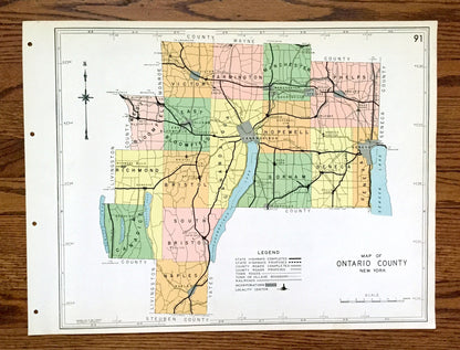 Antique Ontario County, New York 1941 Historical Atlas Map – Canandaigua, Geneva, Victor, Phelps, Honeoye, Manchester, Bristol Bloomfield NY
