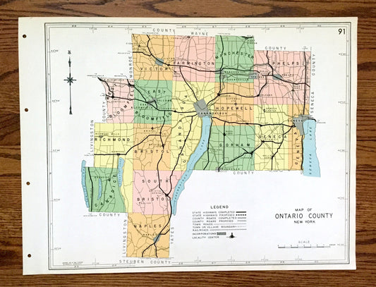 Antique Ontario County, New York 1941 Historical Atlas Map – Canandaigua, Geneva, Victor, Phelps, Honeoye, Manchester, Bristol Bloomfield NY