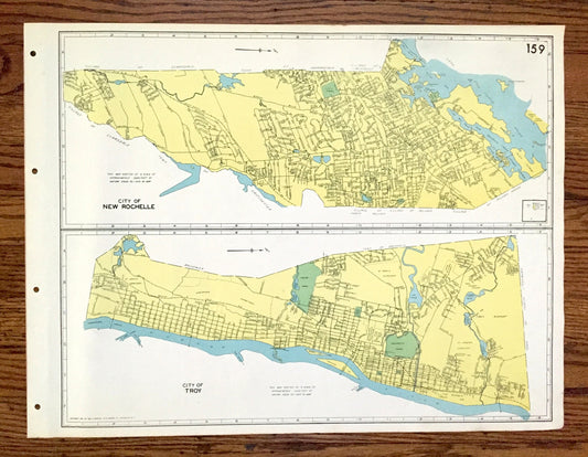 Antique New Rochelle & Troy, New York 1941 Historical Atlas City Street Map – Westchester, Rensselaer County, Hudson River Valley, NY