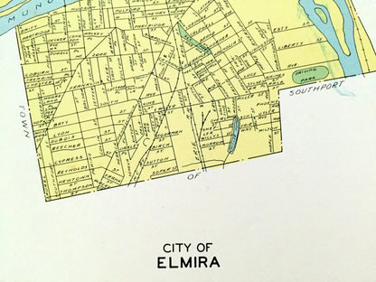 Antique Elmira & Dunkirk, New York 1941 Historical Atlas City Street Map – Chemung, Chautauqua County, Lake Erie, River, Harbor, Beach, NY
