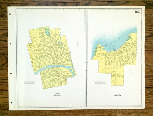Antique Elmira & Dunkirk, New York 1941 Historical Atlas City Street Map – Chemung, Chautauqua County, Lake Erie, River, Harbor, Beach, NY