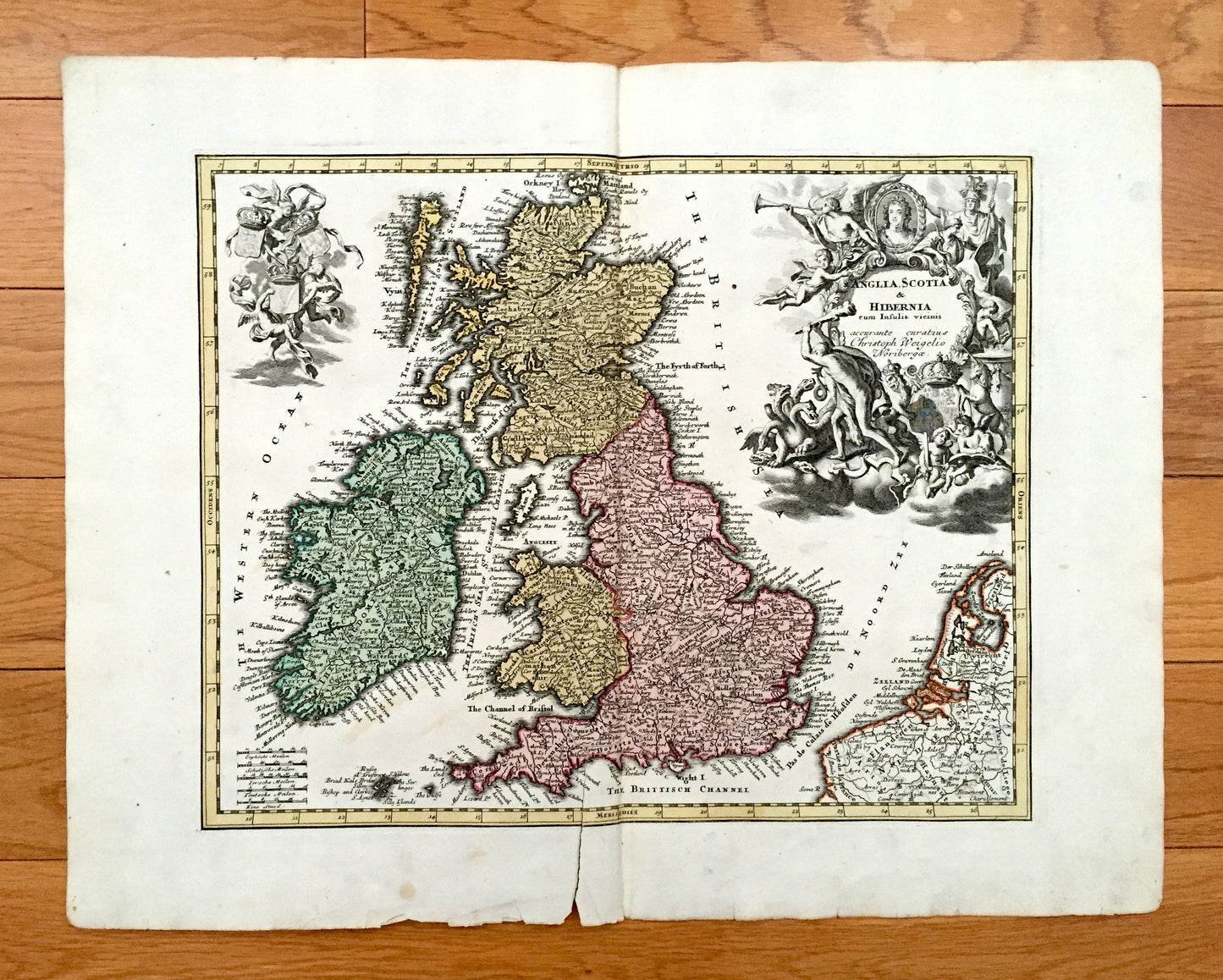 Antique 1718 Anglia, Scotia & Hibernia by Christoph Weigel – United Kingdom, Ireland, Scotland, England, Wales, London, Dublin, Belgium, UK
