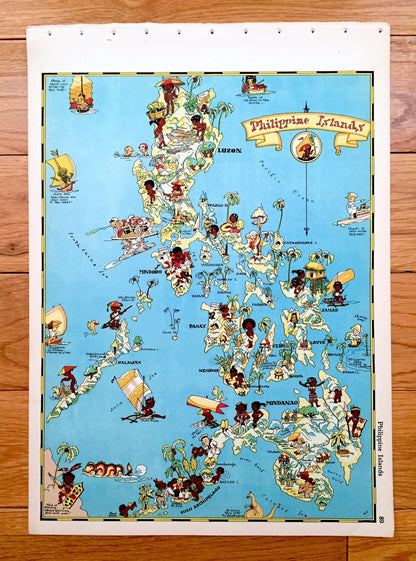 Antique 1935 Philippines Islands Map from Our Gay Geography by Ruth Taylor – Quezon City, Manila, Caloocan, Davao, Luzon, Mindanao, Mindoro