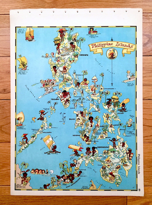 Antique 1935 Philippines Islands Map from Our Gay Geography by Ruth Taylor – Quezon City, Manila, Caloocan, Davao, Luzon, Mindanao, Mindoro
