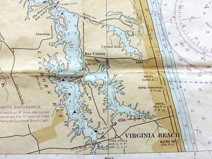 Antique Chesapeake Bay 1979 US Coast Guard Nautical Map – Cape Charles to Norfolk Harbor, Virginia Beach, Newport News, York River, Henry VA