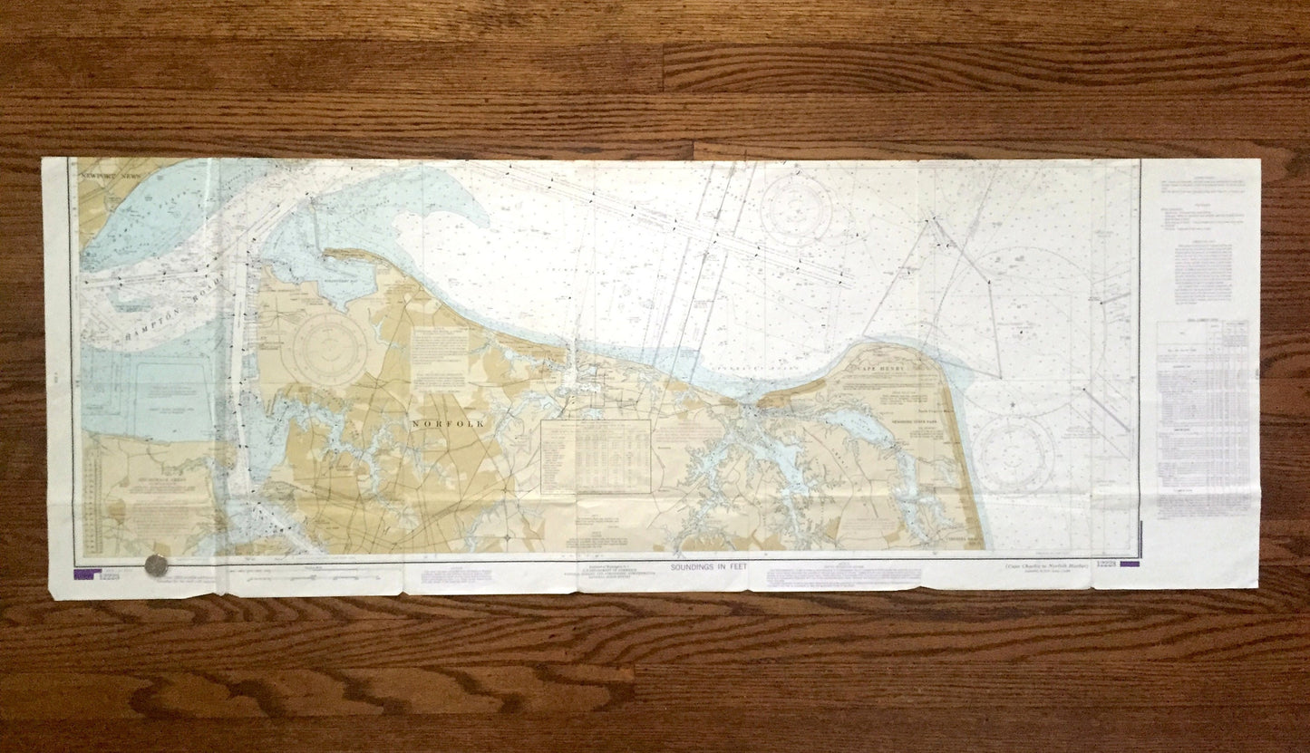 Antique Chesapeake Bay 1979 US Coast Guard Nautical Map – Cape Charles to Norfolk Harbor, Virginia Beach, Newport News, York River, Henry VA