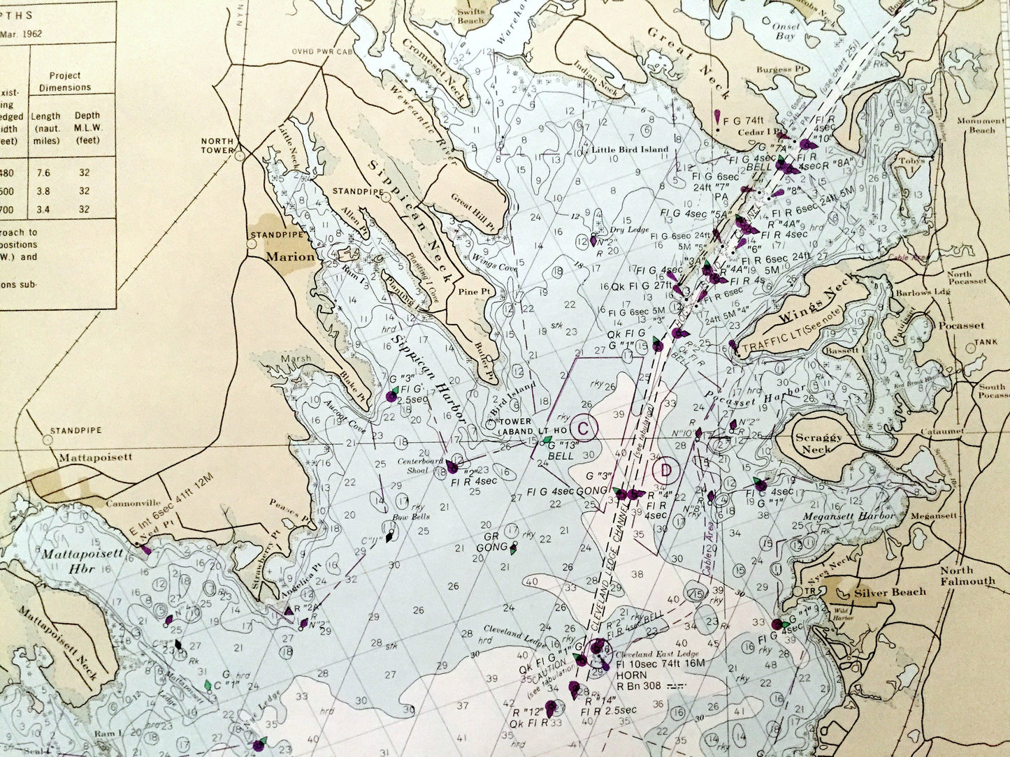Antique Marthas Vineyard to Block Island 1962 US Coast Guard Nautical Map – Massachusetts, Rhode Island, Cape Cod, Woods Hole, Newport RI MA