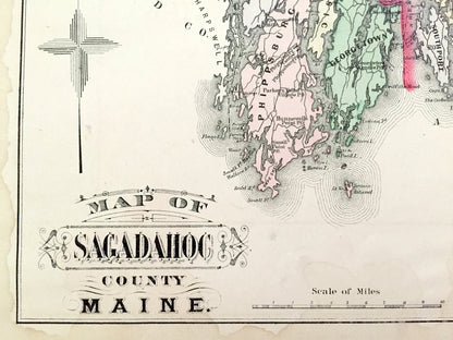 Antique 1890 Sagadahoc and Lincoln County, Maine Map by George N. Colby & Company – Bath, Boothbay, Phippsburg, Topsham, Bristol, Bowdoin ME