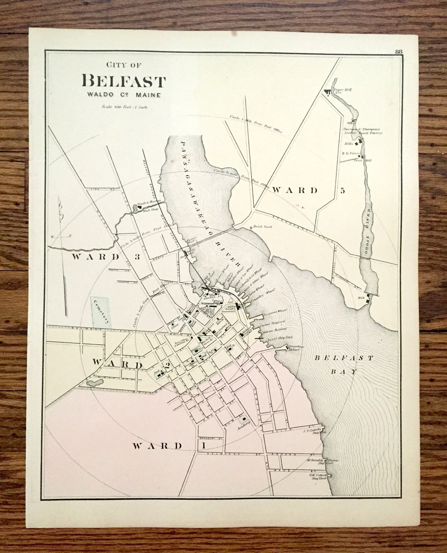 Antique 1887 Belfast, Maine Map by George N. Colby & Company – Waldo County, Passagassawakeag River, Washington, Calais, Vanceboro, ME