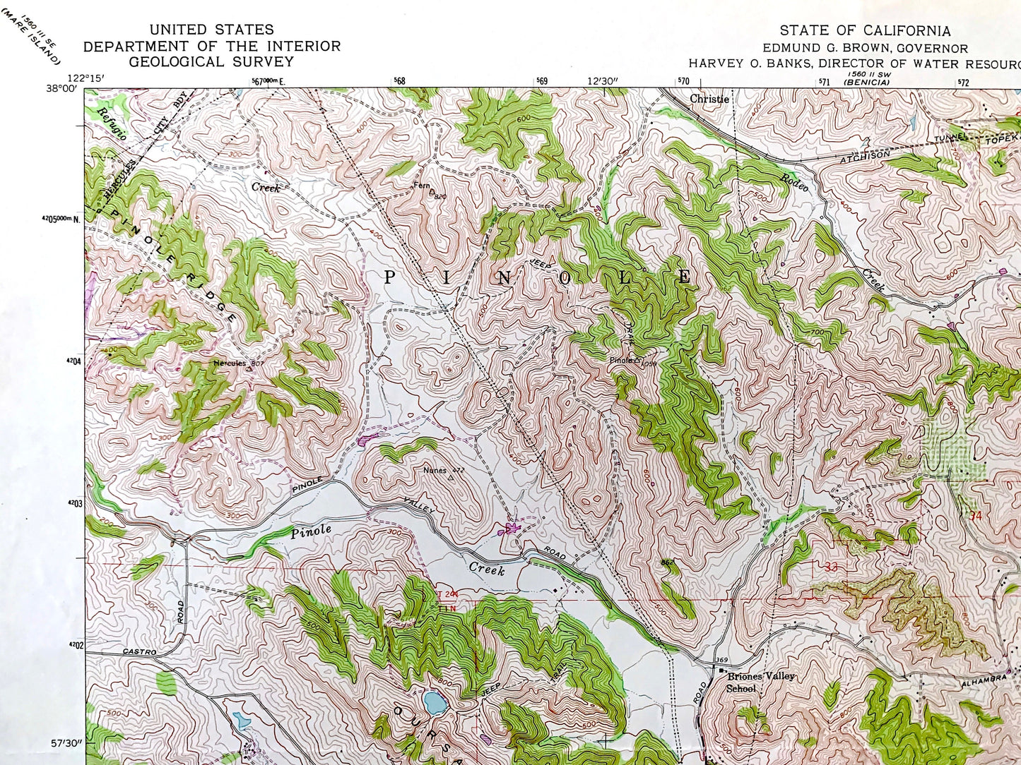 Antique Briones Valley, California 1959 US Geological Survey Topographic Map – Orinda, Martinez, Oakland, Contra Costa County, Alameda CA