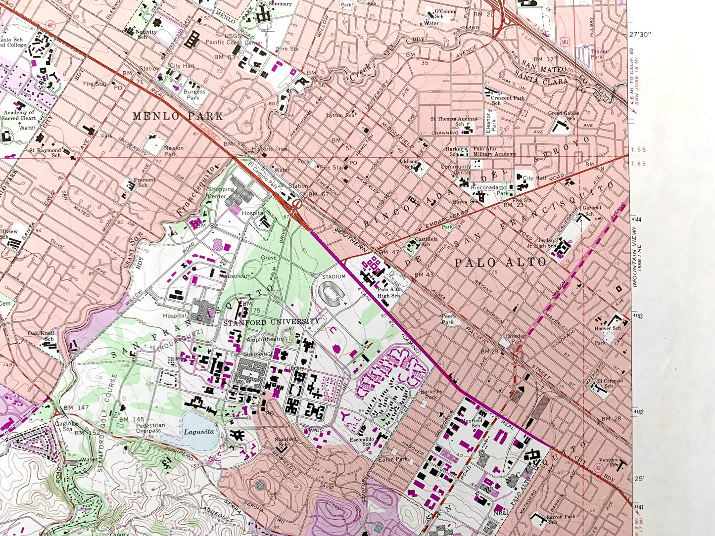 Antique Palo Alto, California 1961 US Geological Survey Topographic Map – Silicon Valley, Stanford University, Menlo Park Pulgas Atherton CA