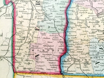 Antique 1862 Vermont & New Hampshire Map by S.A. Mitchell – Lake Champlain, Winnipesaukee, Squam, White, Green Mountains, Burlington, Maine