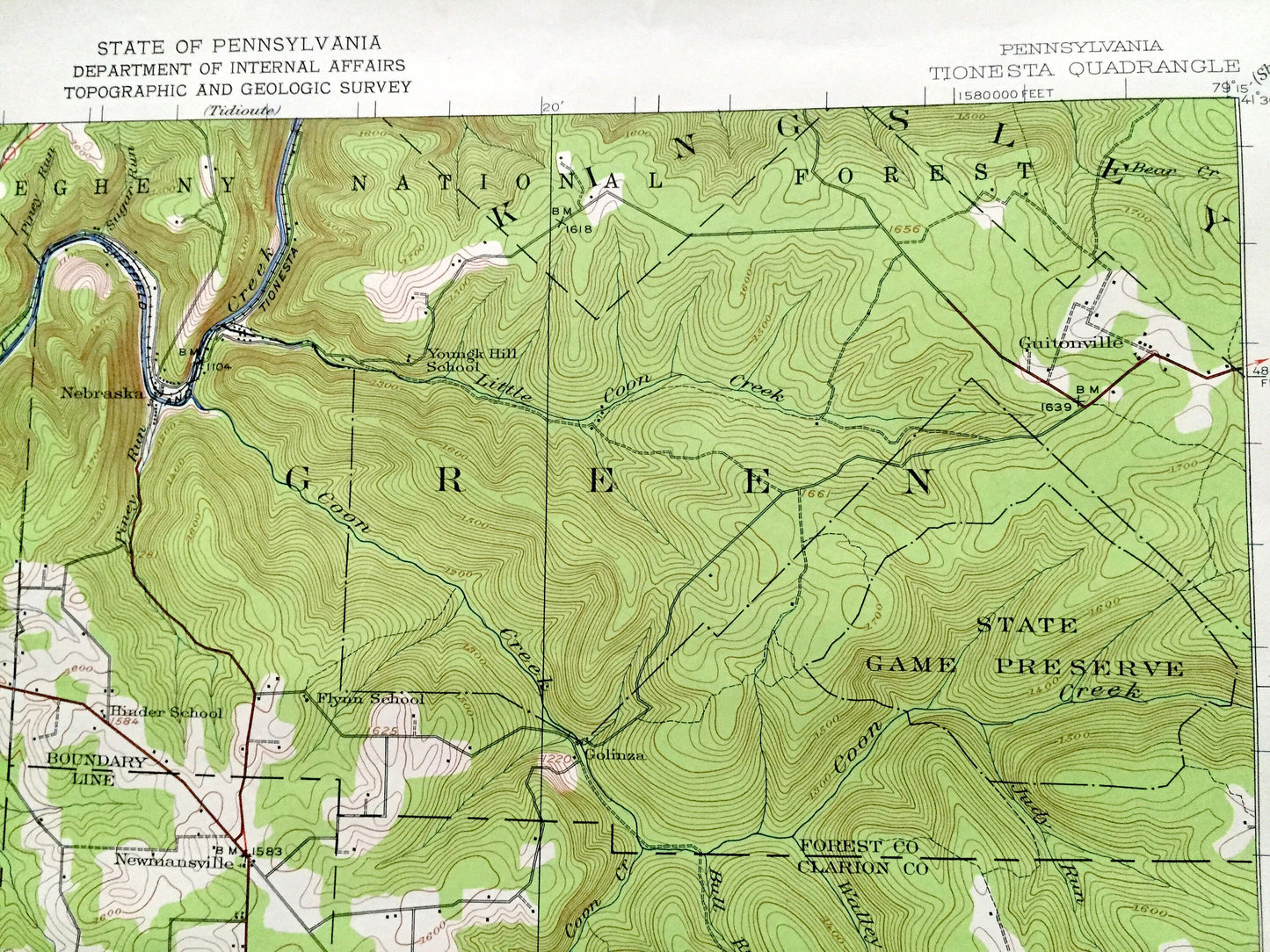 Antique Tionesta, Pennsylvania 1922 US Geological Survey Topographic Map – Forest, Venango, Clarion County, Farmington, Allegheny, Knox, Elk