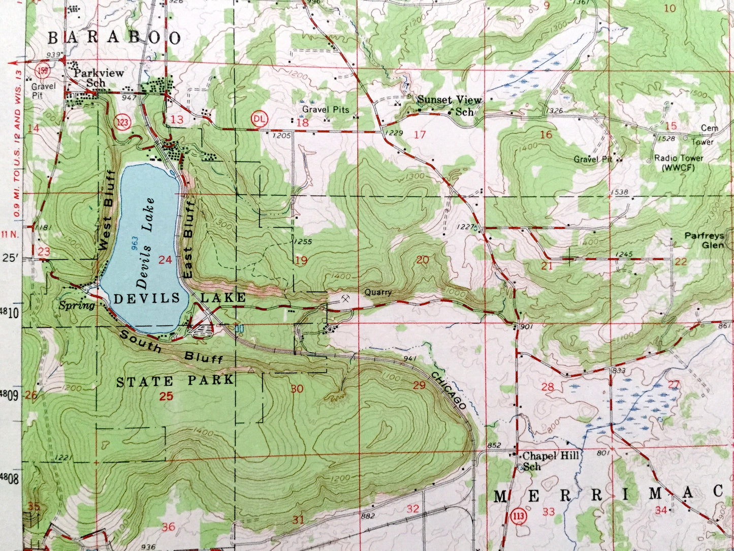 Antique Baraboo, Wisconsin 1959 US Geological Survey Topographic Map – Merrimac, Prairie du Sac, Sauk, Lodi, Columbia, Dane, Devils Lake WI
