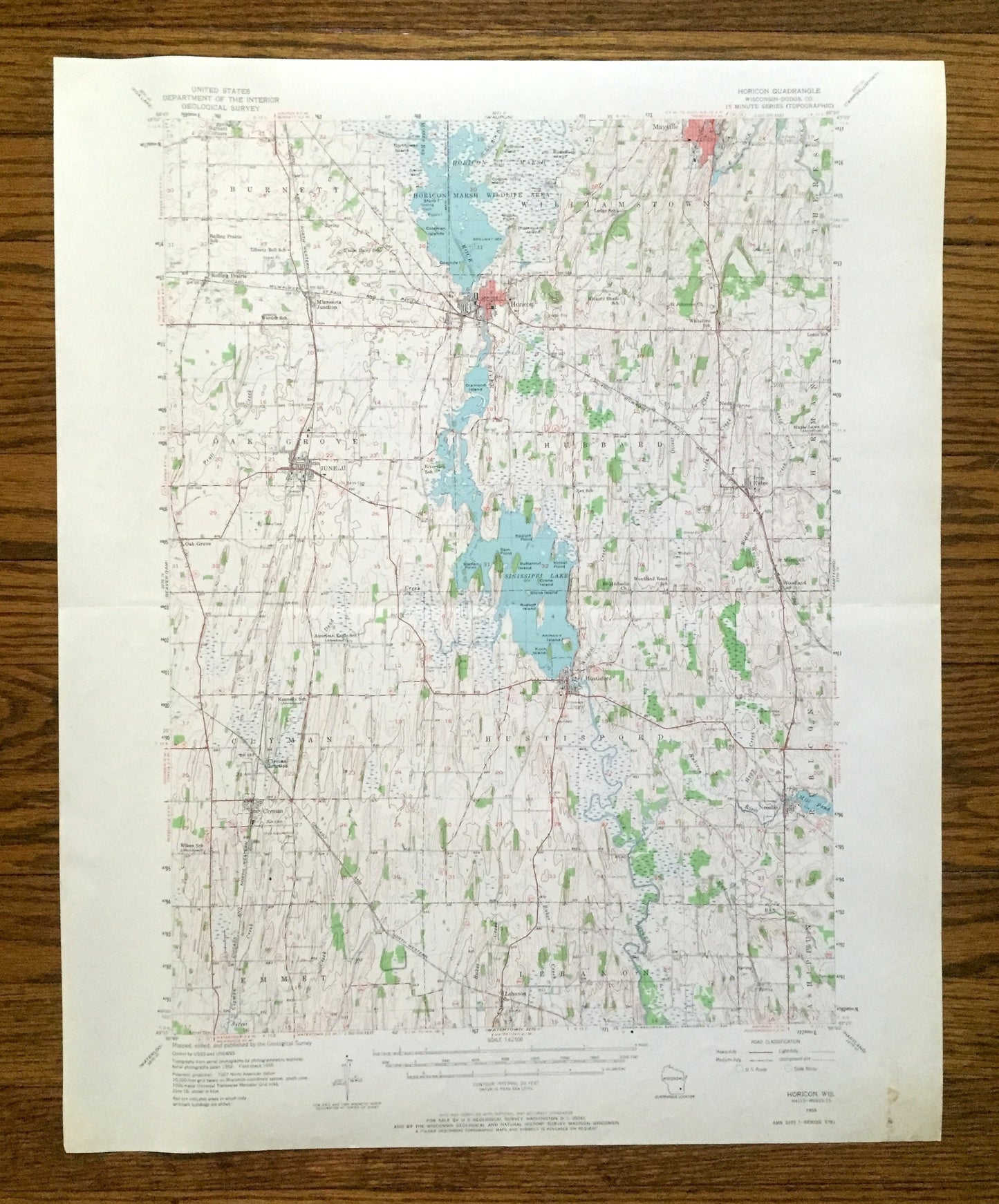 Antique Horicon, Wisconsin 1955 US Geological Survey Topographic Map – Dodge County, Sinissippi Lake, Marsh Wildlife Area, Juneau, Mayville