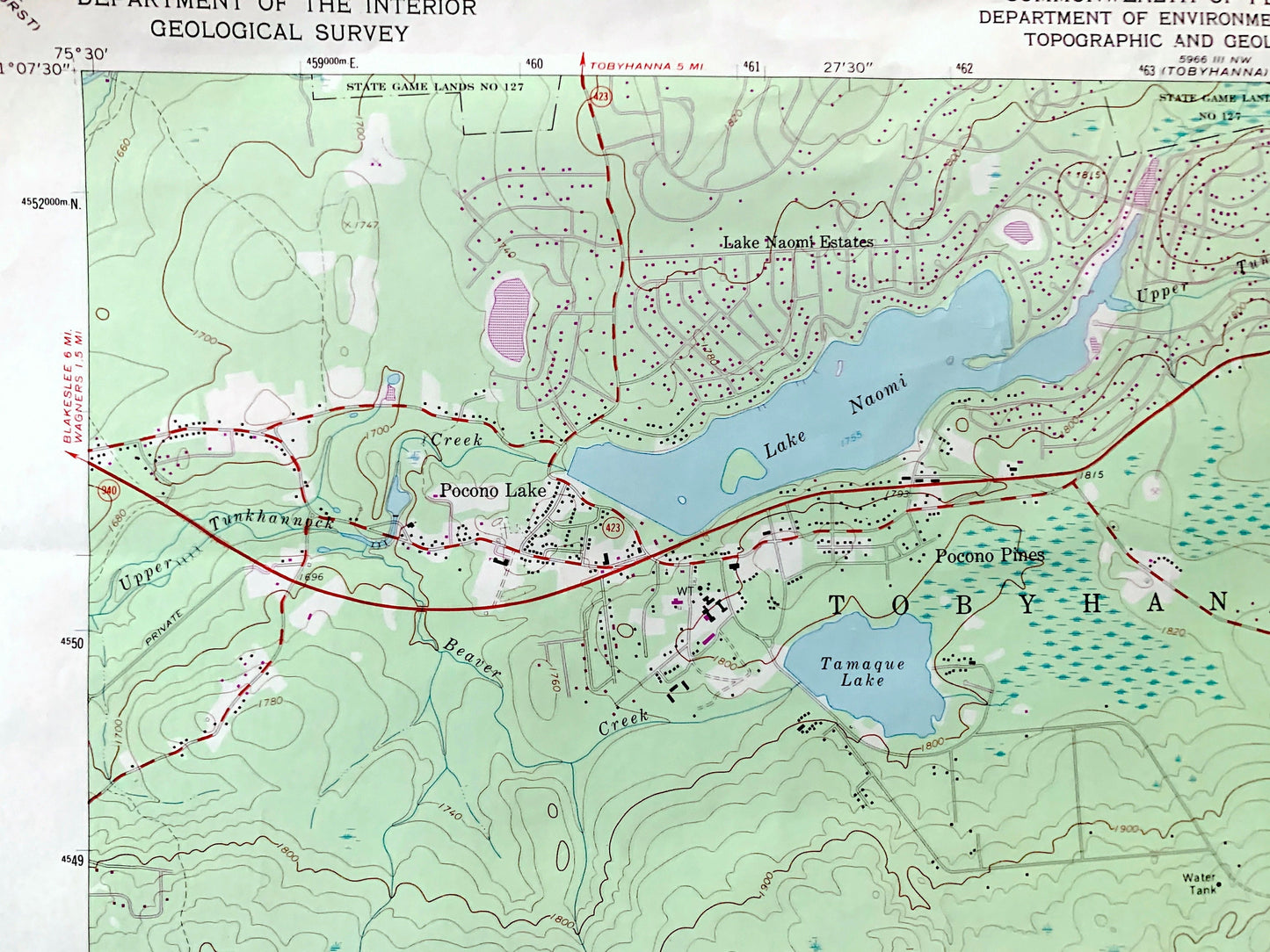 Antique Pocono Pines, Pennsylvania 1966 US Geological Survey Topographic Map – Monroe County, Tobyhanna, Bear Mountain, Lake Naomi, PA