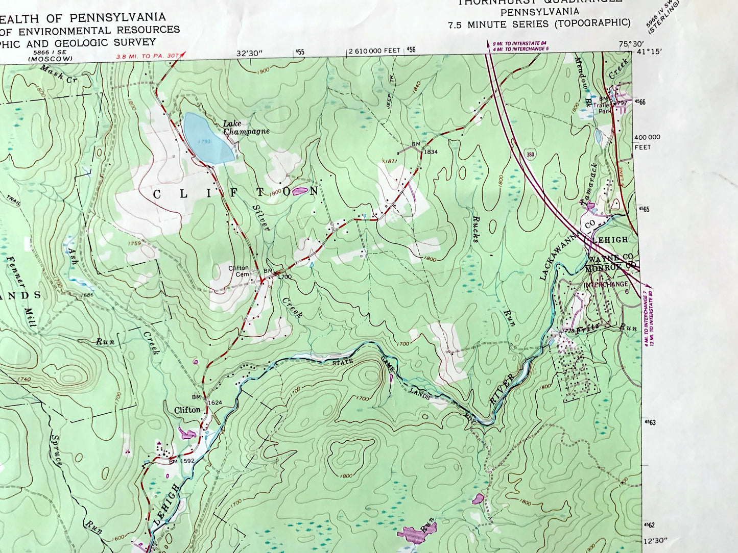 Antique Thornhurst, Pennsylvania 1965 US Geological Survey Topographic Map – Lackawanna, Monroe, Luzerne County, Clifton, Lehigh, Poconos PA