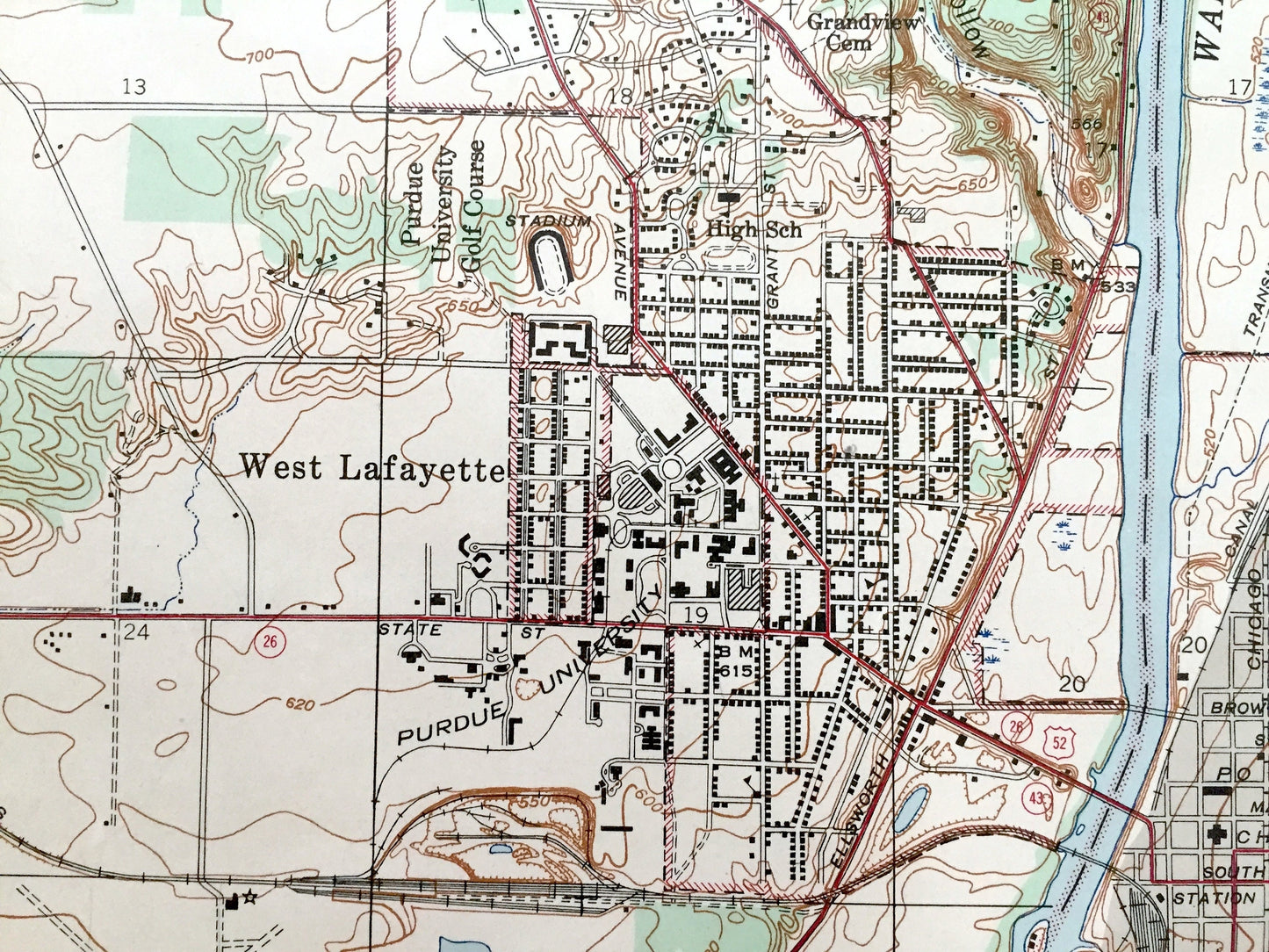 Antique Lafayette, Indiana 1942 US Geological Survey Topographic Map – Tippecanoe County, West, Wabash River, Union, Purdue University, IN