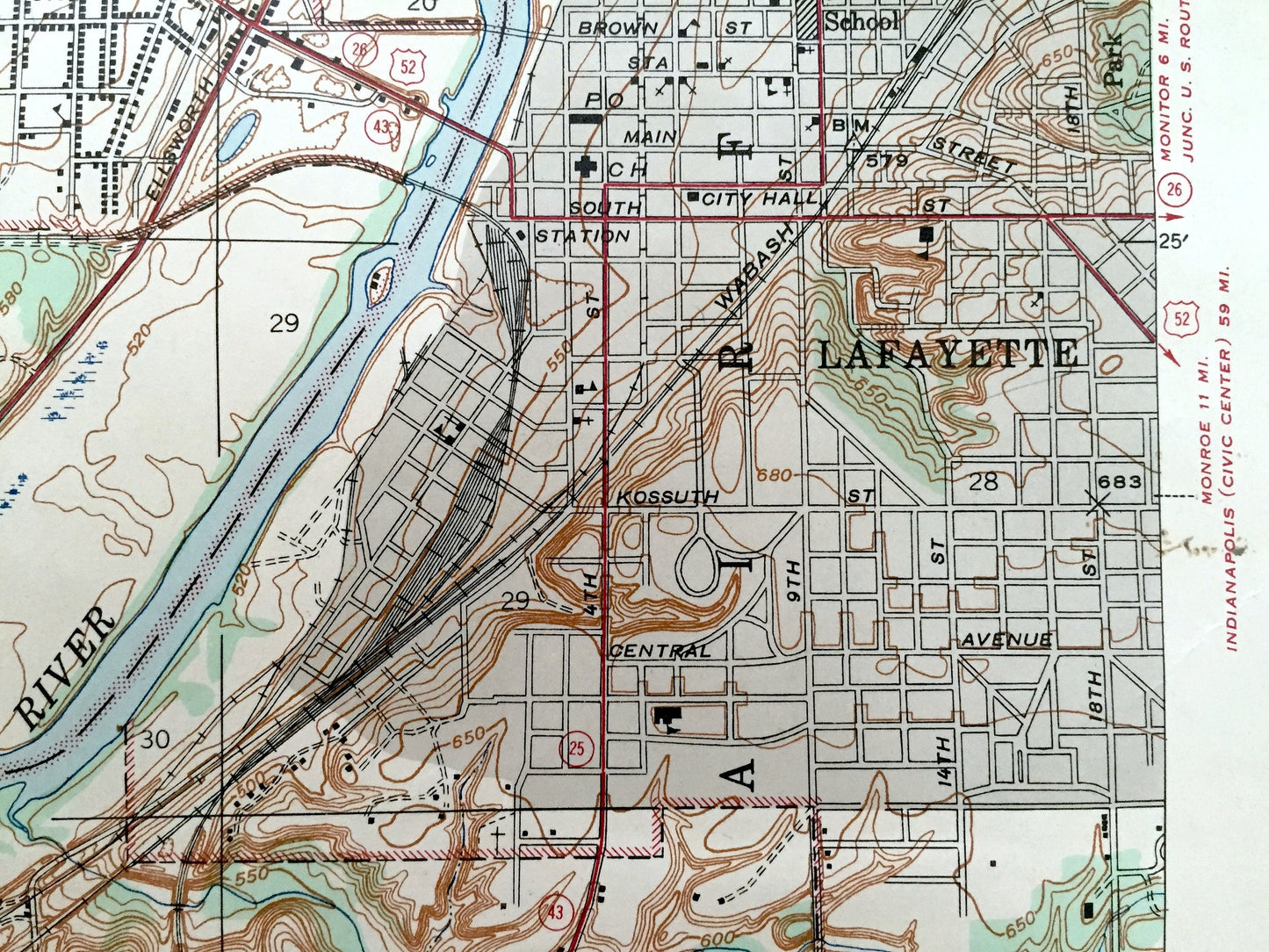 Antique Lafayette, Indiana 1942 US Geological Survey Topographic Map – Tippecanoe County, West, Wabash River, Union, Purdue University, IN