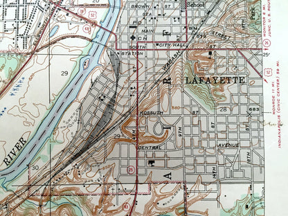 Antique Lafayette, Indiana 1942 US Geological Survey Topographic Map – Tippecanoe County, West, Wabash River, Union, Purdue University, IN