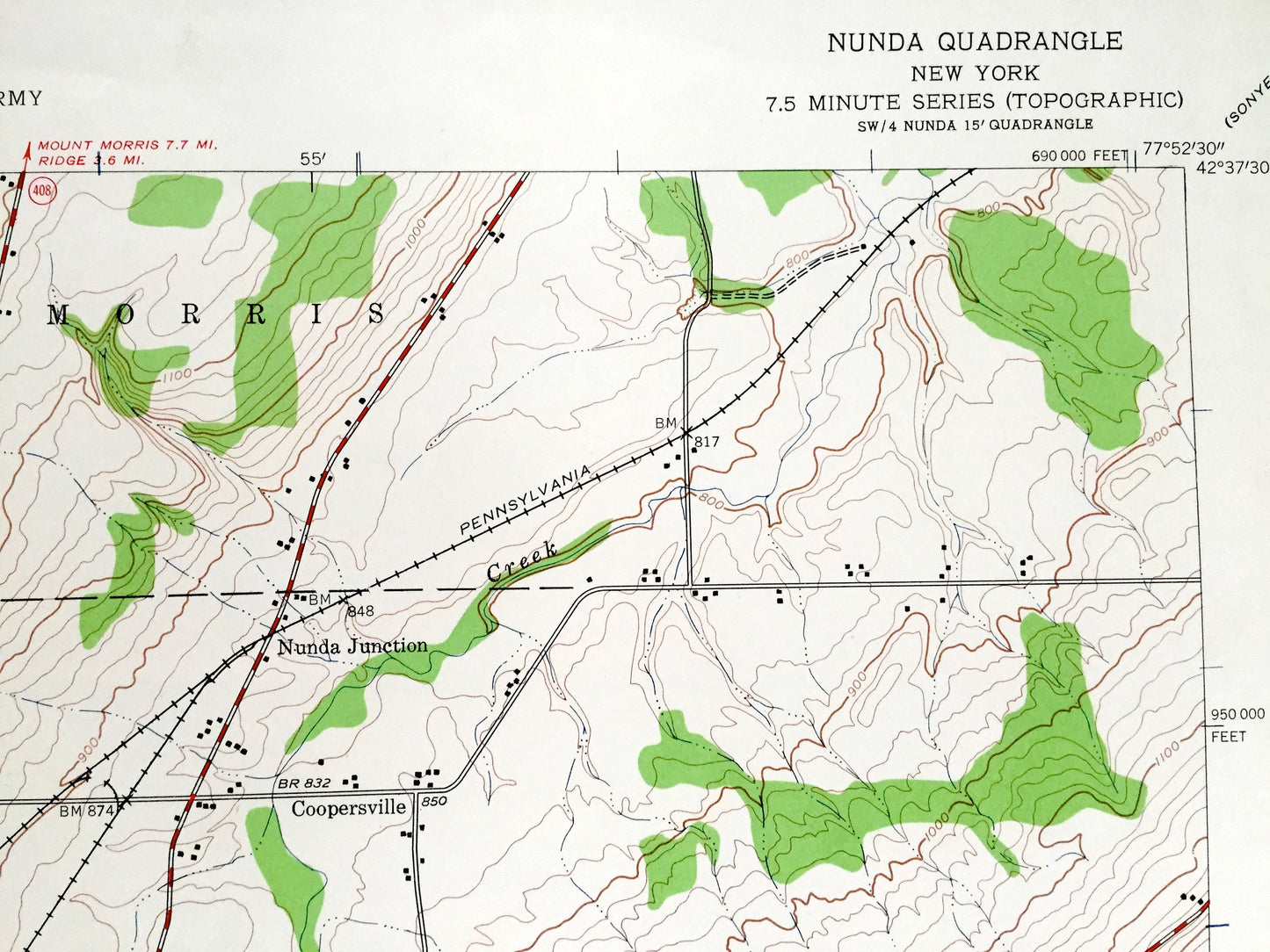 Antique Nunda, New York 1943 US Geological Survey Topographic Map – Livingston, Allegany County, Dalton, Mt Morris, Letchworth State Park NY