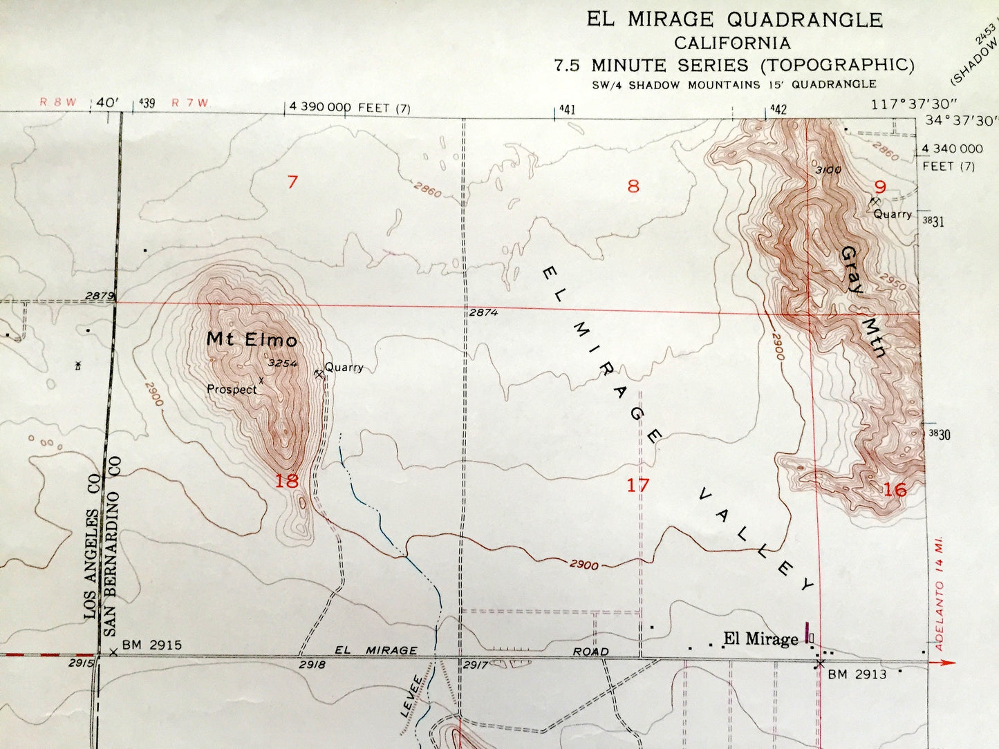 Antique El Mirage Valley, California 1956 US Geological Survey Topographic Map – Los Angeles, San Bernardino County, Black Butte, Gray, CA